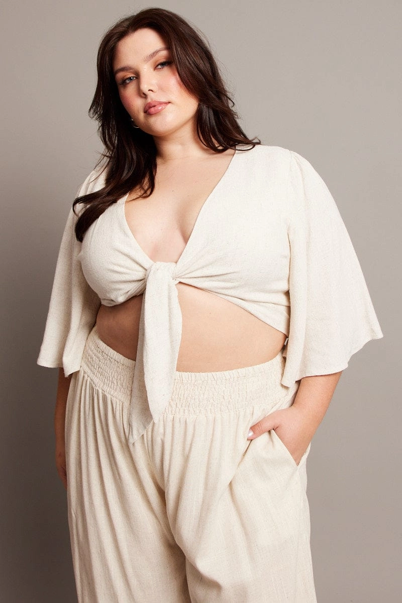 Beige Linen Blend Tie Front Flare Sleeve Bolero Jacket Heat Reflective Lining