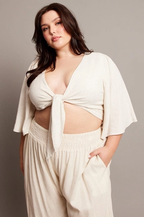 Beige Linen Blend Tie Front Flare Sleeve Bolero Jacket Heat Reflective Lining