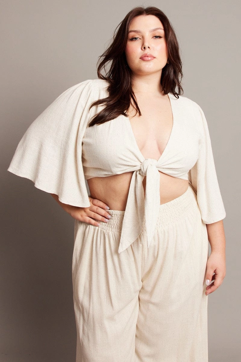 Thermal Reflective Lining Beige Linen Blend Tie Front Flare Sleeve Bolero Jacket