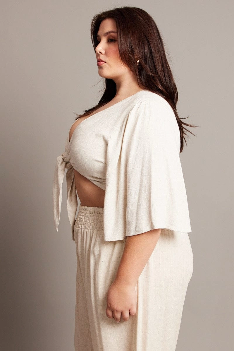 Fashion Use Beige Linen Blend Tie Front Flare Sleeve Bolero Jacket