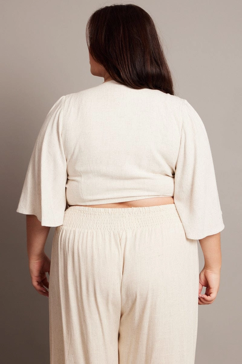 Heat Retention Lining Beige Linen Blend Tie Front Flare Sleeve Bolero Jacket