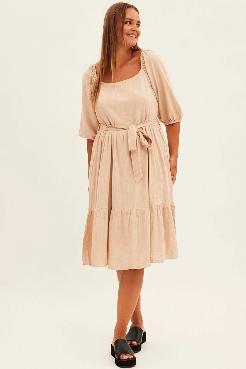 Beige Midi Dress Puff Sleeve Belt Frill Hem Fashion Forward Subtle Mood