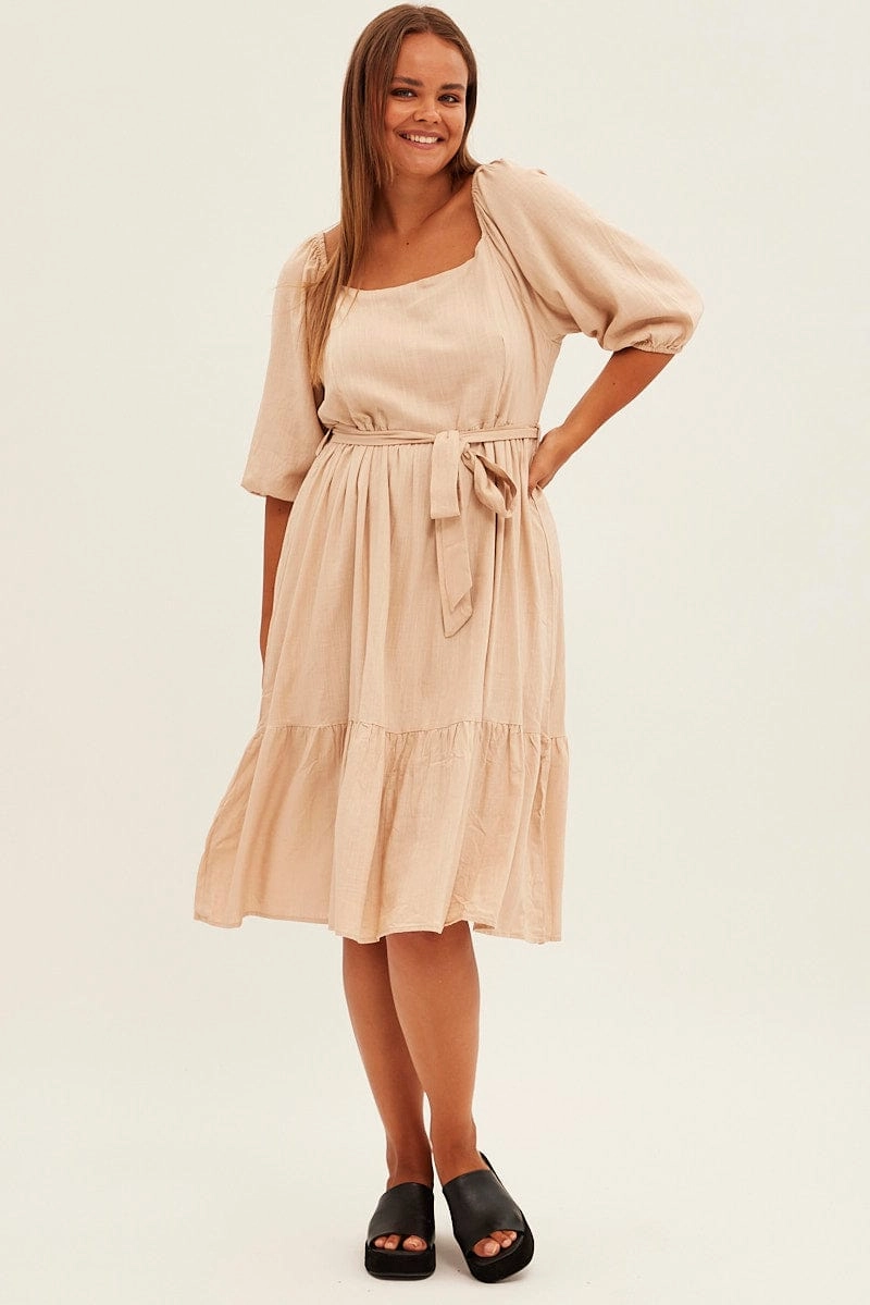 Gloss Finish Cool Look Beige Midi Dress Puff Sleeve Belt Frill Hem