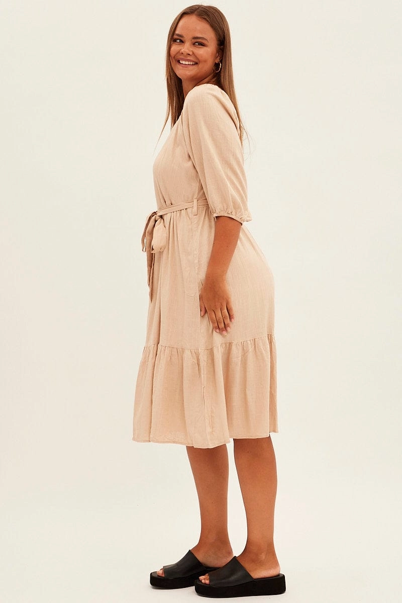 Side-Slit Beige Midi Dress Puff Sleeve Belt Frill Hem