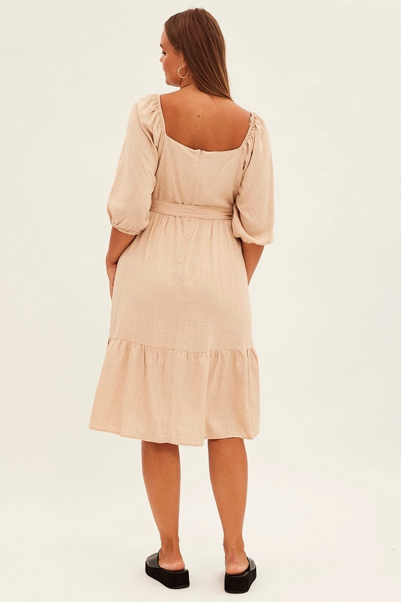 Beige Midi Dress Puff Sleeve Belt Frill Hem FadeResistantColor flattering appearance