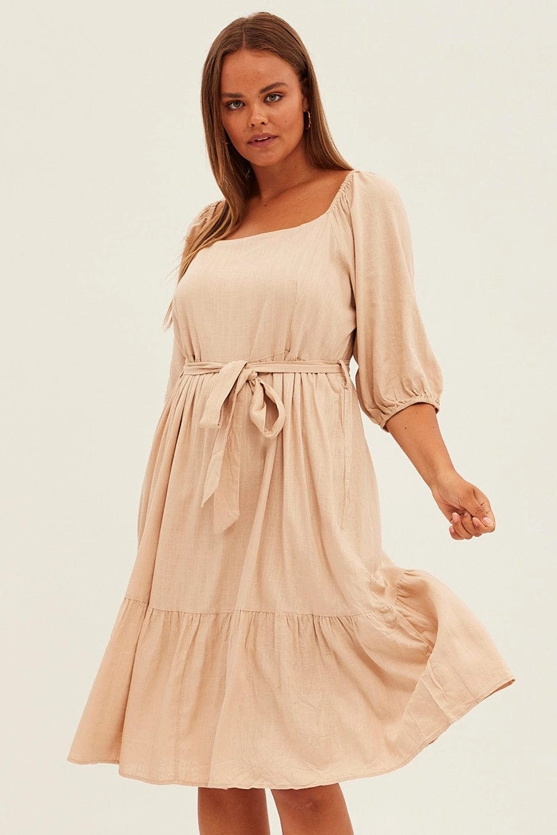 Beige Midi Dress Puff Sleeve Belt Frill Hem Sleek Feel Daily Movement