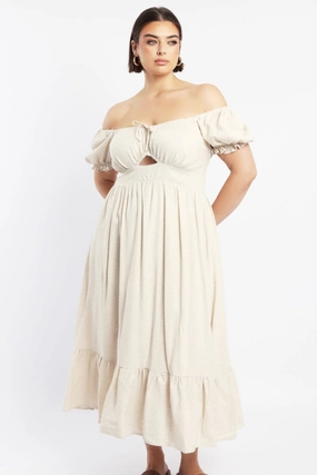 Bright Accent Beige Midi Dress Short Sleeve Cut Out Linen Blend