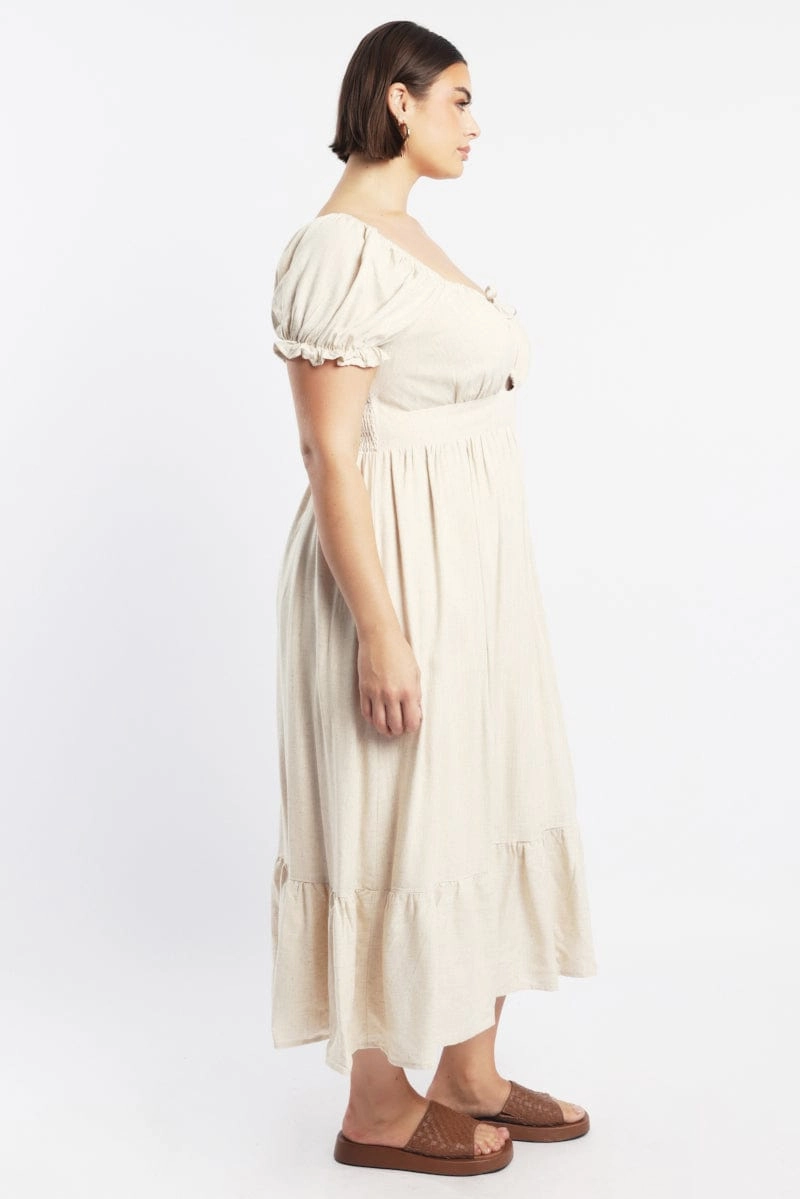 ReinforcedHem Beige Midi Dress Short Sleeve Cut Out Linen Blend