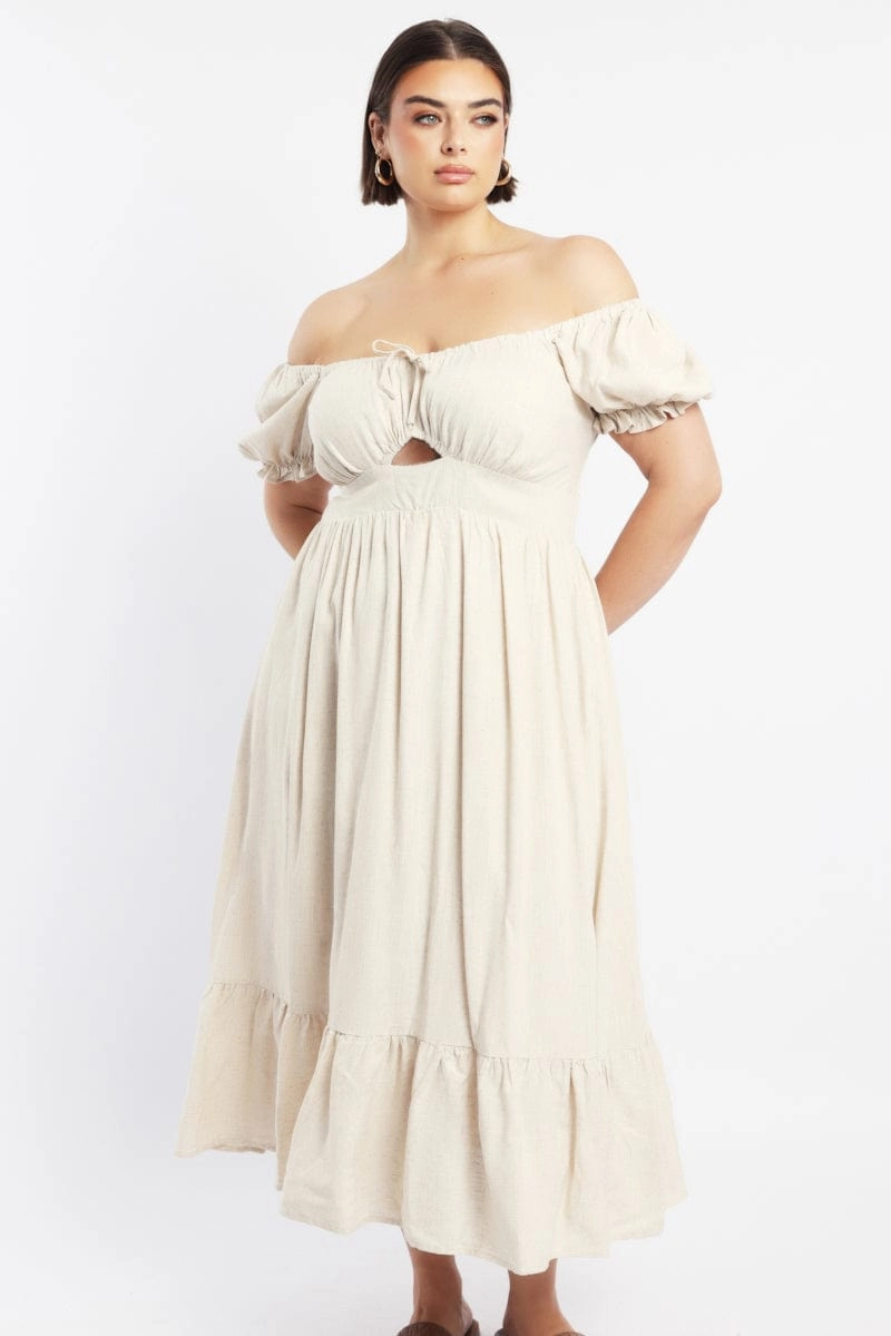 Bright Accent Beige Midi Dress Short Sleeve Cut Out Linen Blend