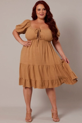 Polished Edge Sophisticated Fit Beige Mini Dress Linen Blend Puff Sleeve Sweetheart Neck