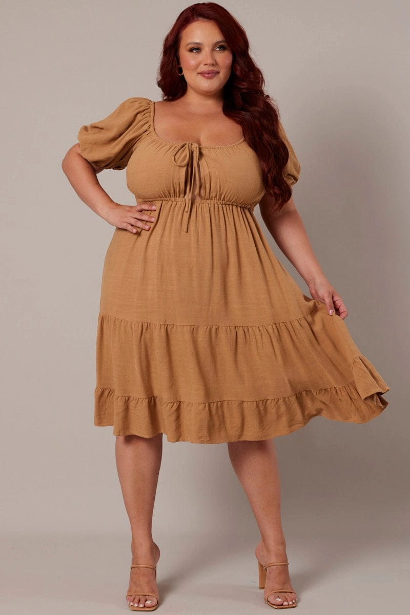 Polished Edge Sophisticated Fit Beige Mini Dress Linen Blend Puff Sleeve Sweetheart Neck