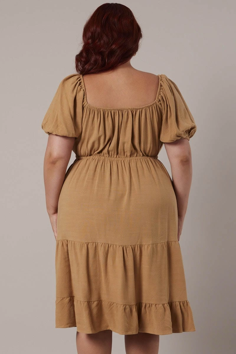Skin Touch Beige Mini Dress Linen Blend Puff Sleeve Sweetheart Neck