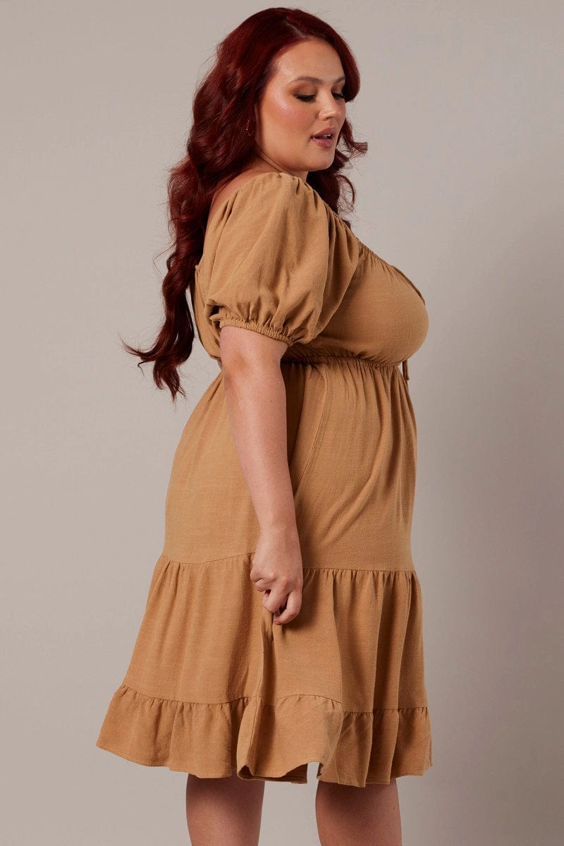 Relaxed Design Beige Mini Dress Linen Blend Puff Sleeve Sweetheart Neck