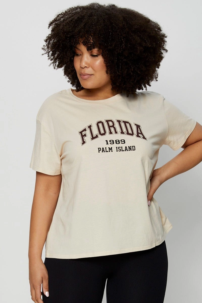 Casual Comfort Design Beige Placement Cotton T-shirt Florida Embroidered Short Sleeve