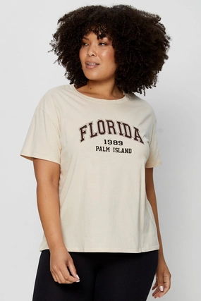 SoftTouchFinish Simple Layer Beige Placement Cotton T-shirt Florida Embroidered Short Sleeve