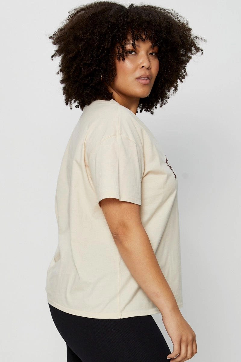 Beige Placement Cotton T-shirt Florida Embroidered Short Sleeve Trendy popularity Flexible Fit