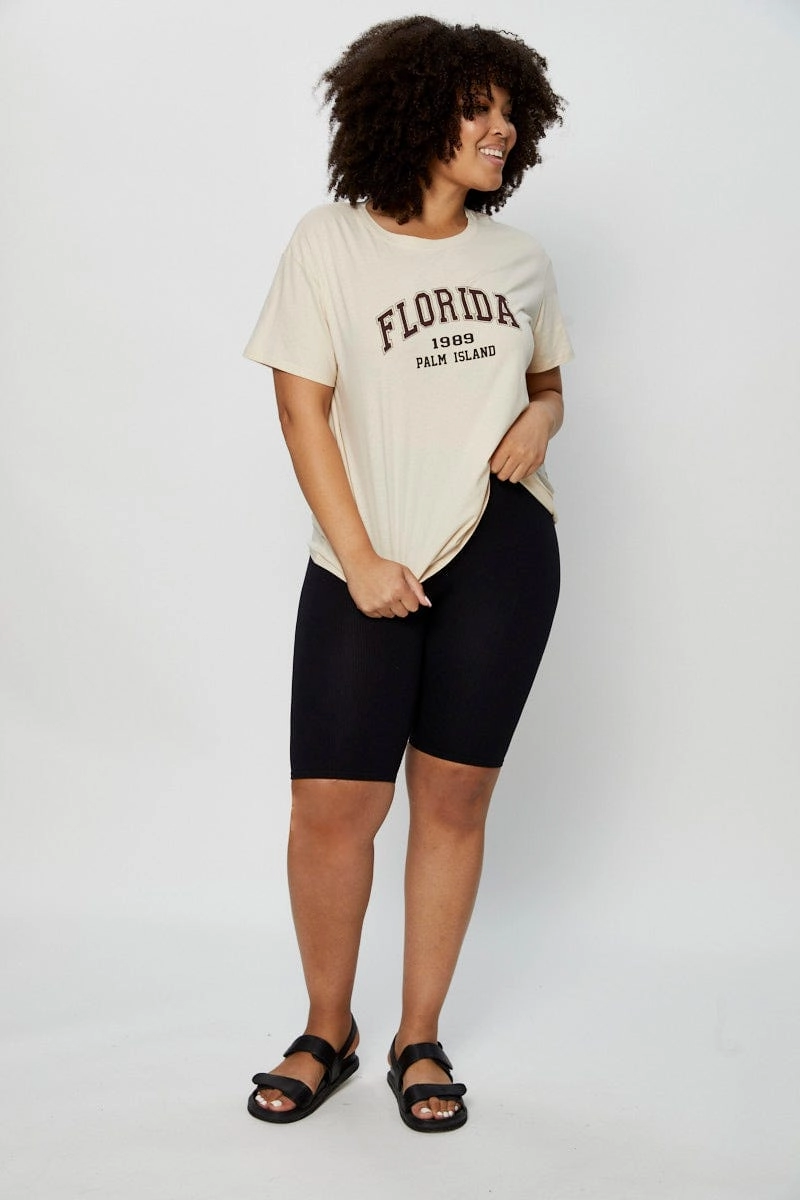Casual Comfort Look Sport Flex Beige Placement Cotton T-shirt Florida Embroidered Short Sleeve