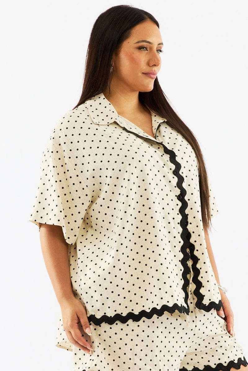 Beige Polka Dot Relaxed Shirt Short Sleeve Linen Blend Chic Design