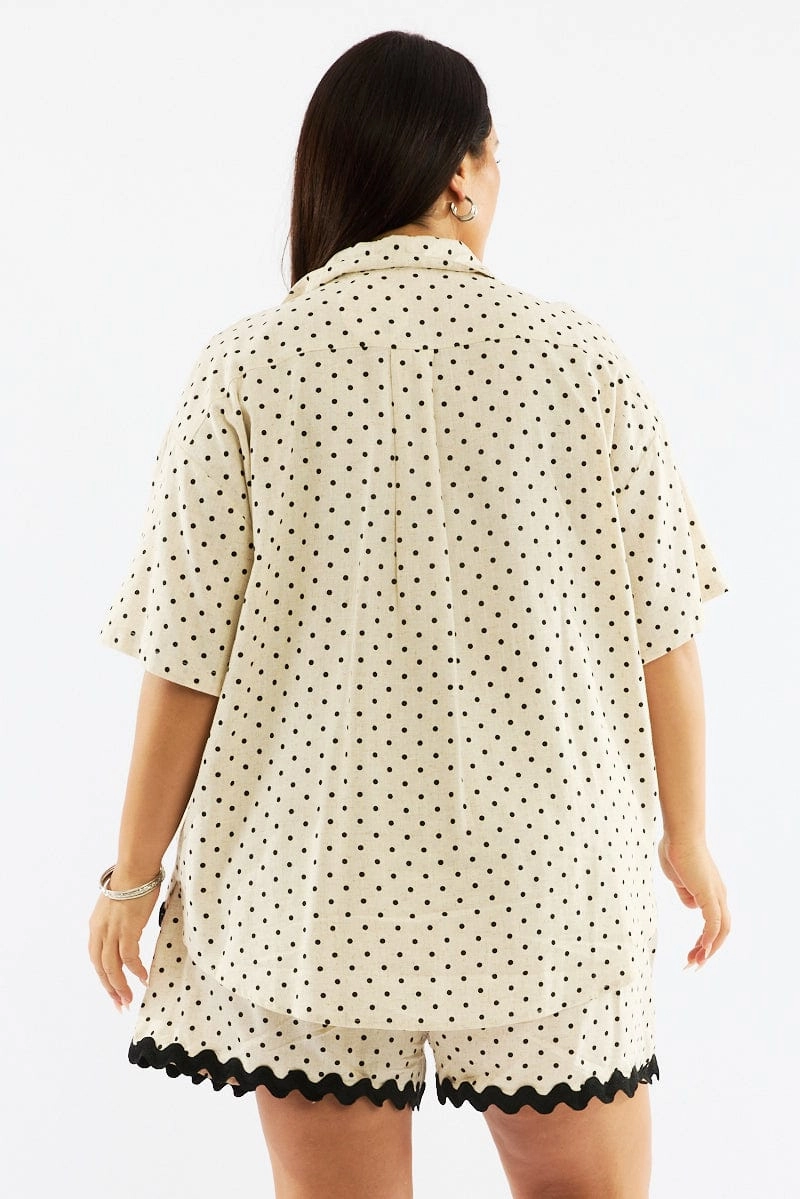 Beige Polka Dot Relaxed Shirt Short Sleeve Linen Blend Reinforced Hems formal dinner