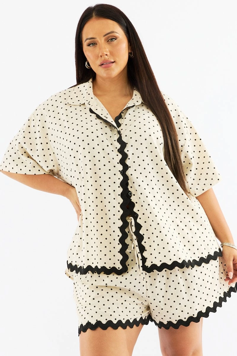 EasyCare Fabric Weekend Outfit Beige Polka Dot Relaxed Shirt Short Sleeve Linen Blend