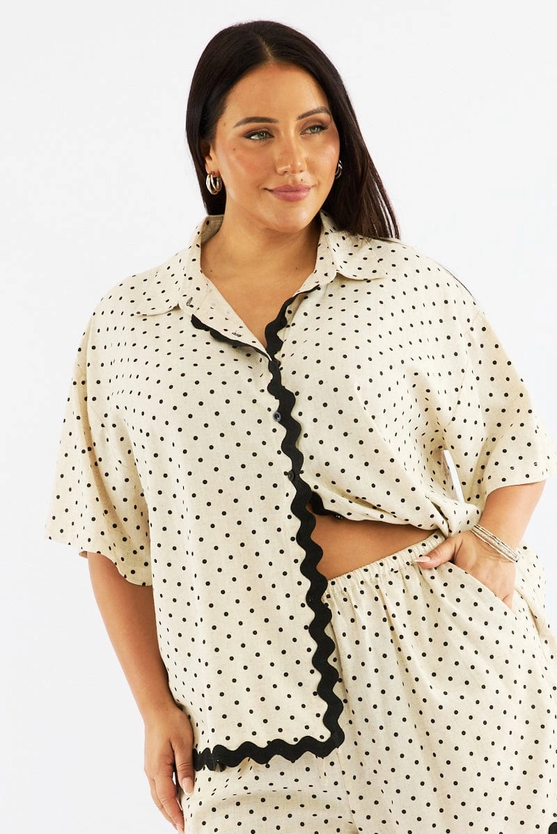 Comfortable Fabric Beige Polka Dot Relaxed Shirt Short Sleeve Linen Blend
