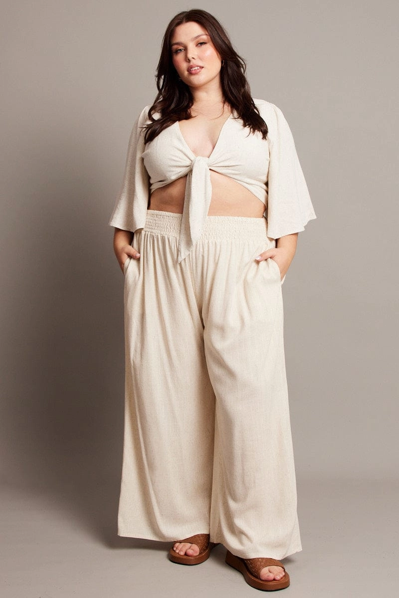 Flex Movement MoistureControlLiner Beige Shirred Waist Wide Leg Pants