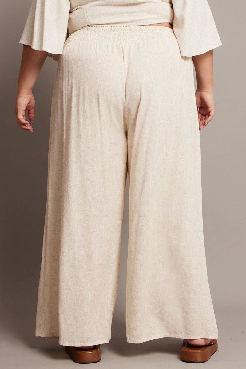 Flattering Design Beige Shirred Waist Wide Leg Pants