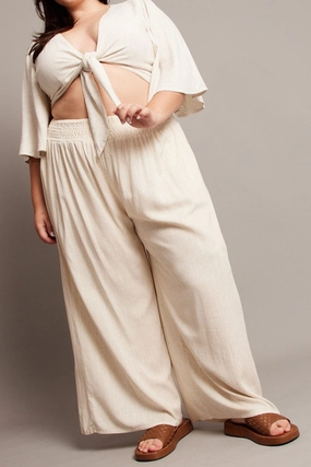 Beige Shirred Waist Wide Leg Pants Non Restrictive Relax Mode