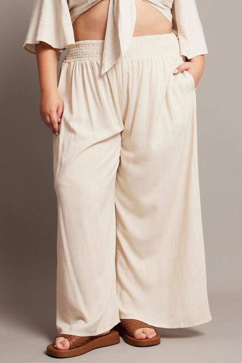 Beige Shirred Waist Wide Leg Pants All Season Fit