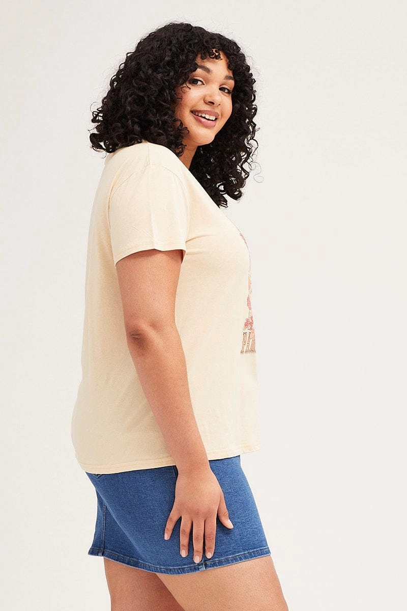 Business Meeting Laser Cut Edges Beige Short Sleeve Round Neck Graphic T-shirt