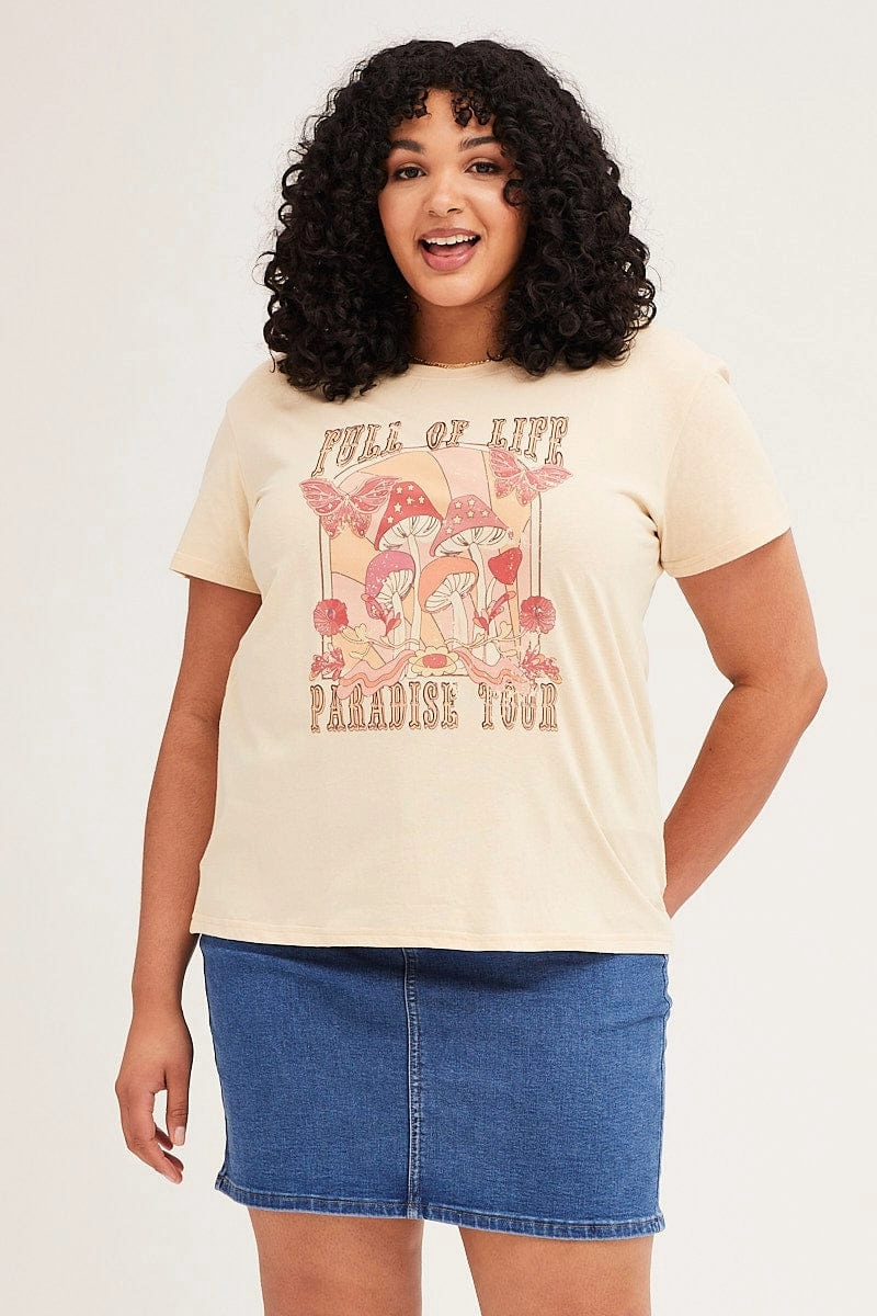 Vegan Beige Short Sleeve Round Neck Graphic T-shirt