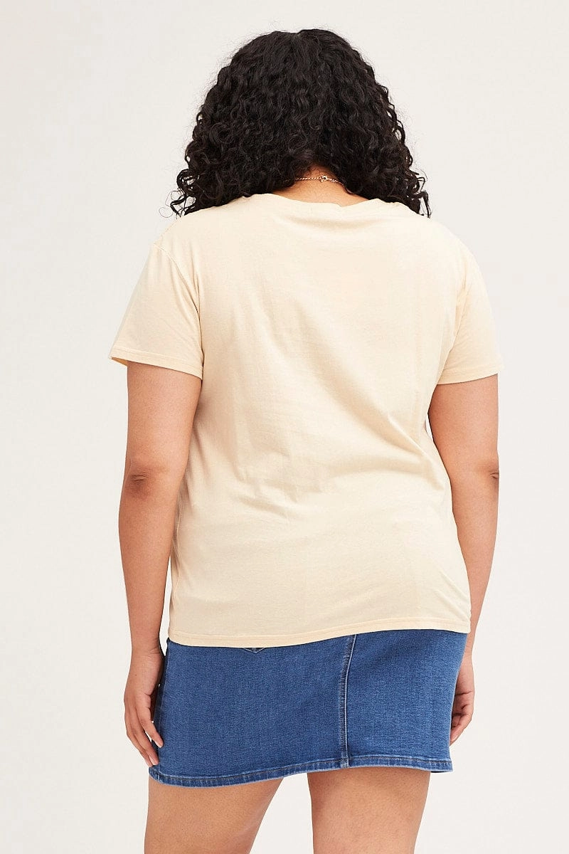 Micro Perforation Weekend Comfort Beige Short Sleeve Round Neck Graphic T-shirt