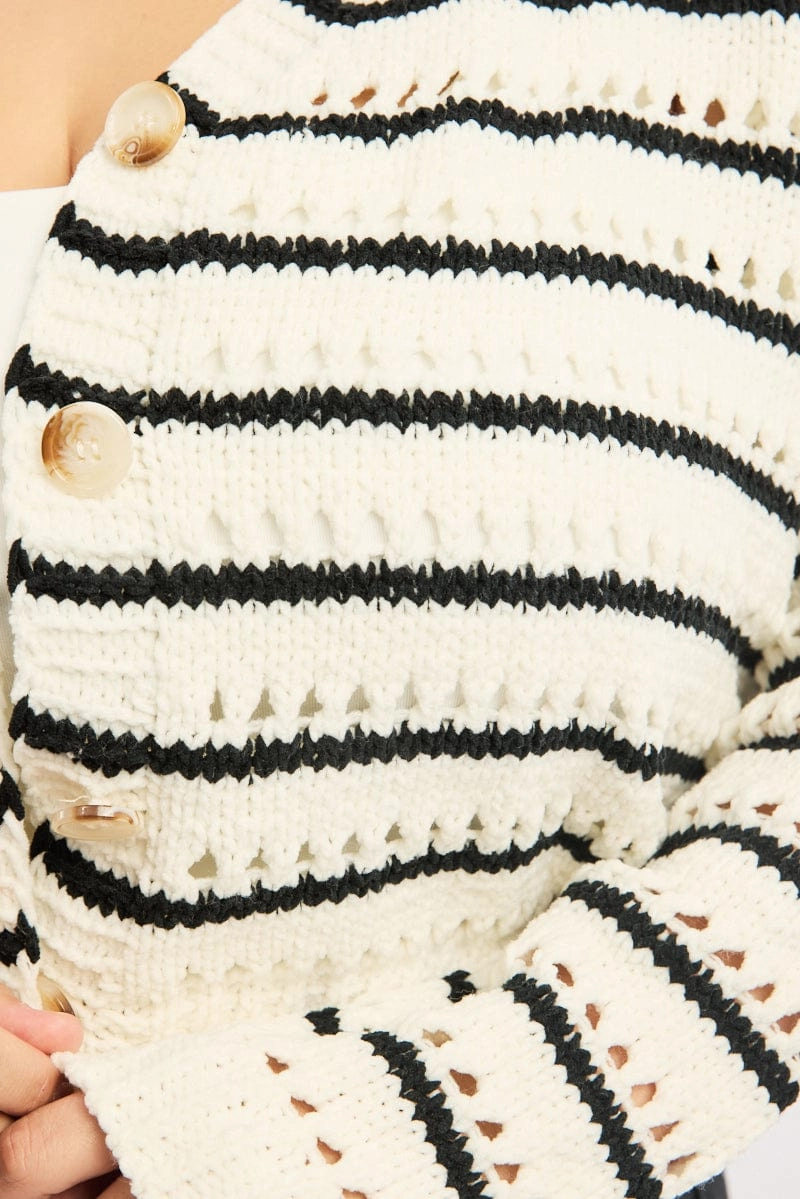 Beige Stripe Crochet Knit Cardigan V-neck City Layer Style Stylish Outer Layer