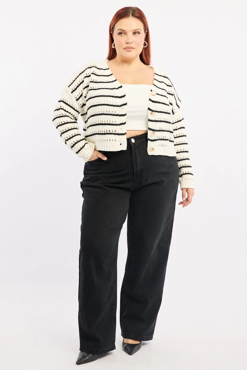 Beige Stripe Crochet Knit Cardigan V-neck Fashion Forward