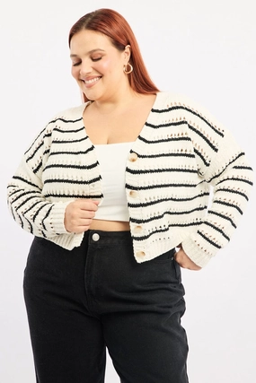 Beige Stripe Crochet Knit Cardigan V-neck Odor Control Finish