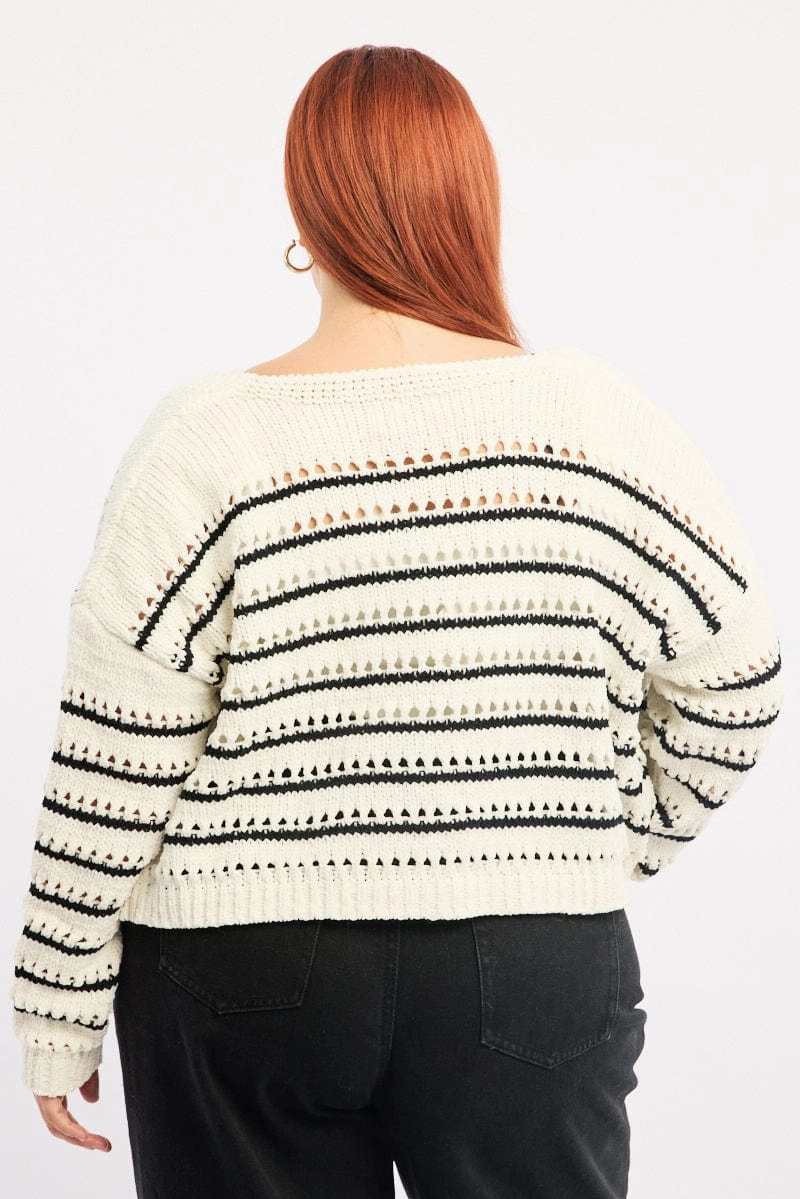 Beige Stripe Crochet Knit Cardigan V-neck HiddenPockets