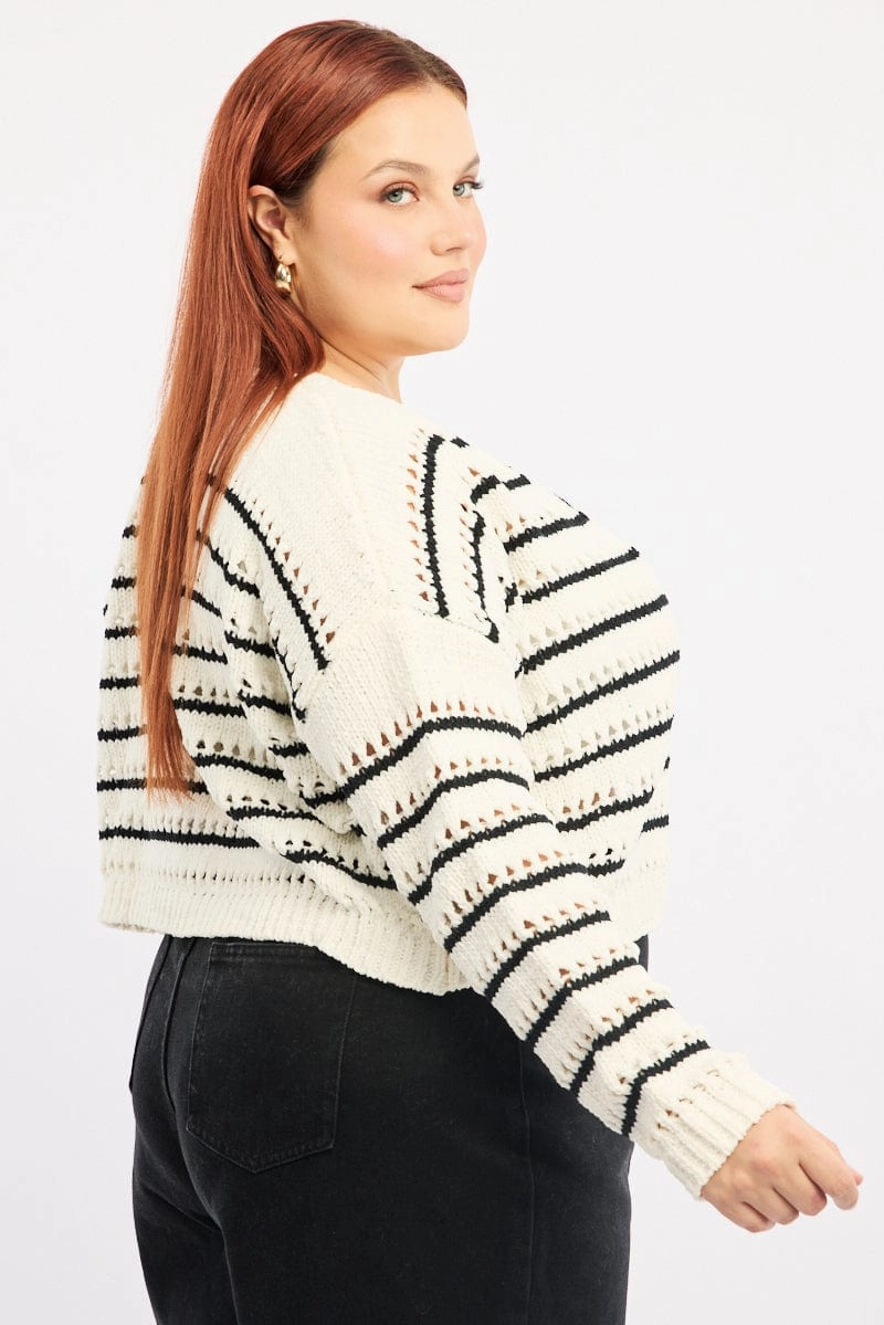 Beige Stripe Crochet Knit Cardigan V-neck Magnetic Closure Layered Insulation