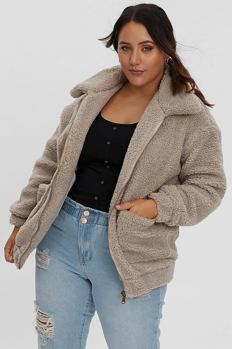 Belted Style Single Breasted Beige Teddy Jacket