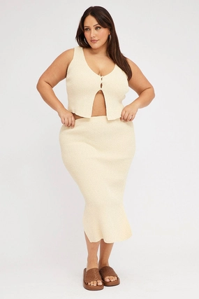 Beige Textured Knit Midi Skirt Clean Style Tailored Cut
