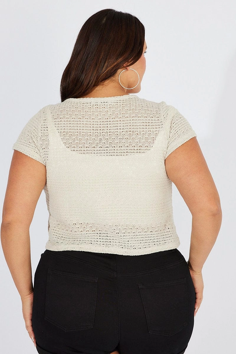 Waterproof Material Comfort Fit Cut Beige Tie Up Cardigan Short Sleeve Round Neck