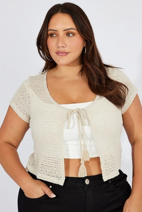 Comfortable Urban Piece DoubleLayered Collar Beige Tie Up Cardigan Short Sleeve Round Neck