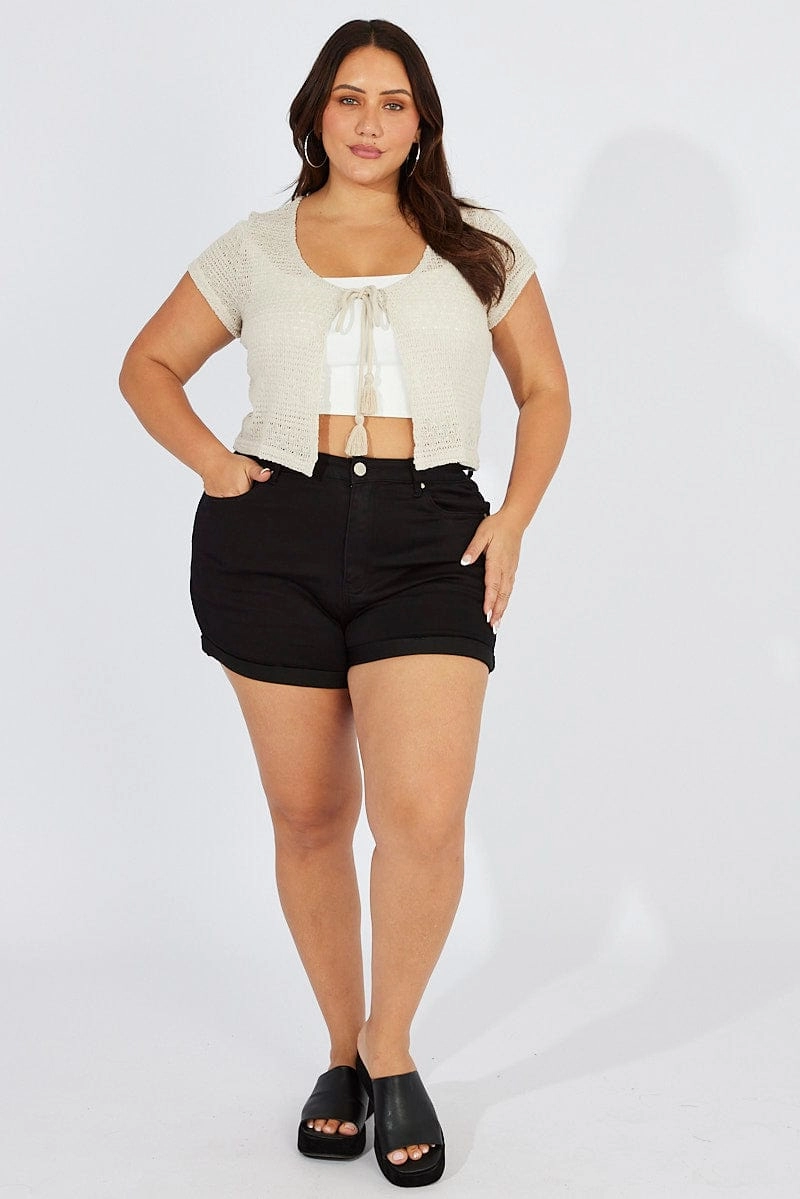 Beige Tie Up Cardigan Short Sleeve Round Neck UV Protective