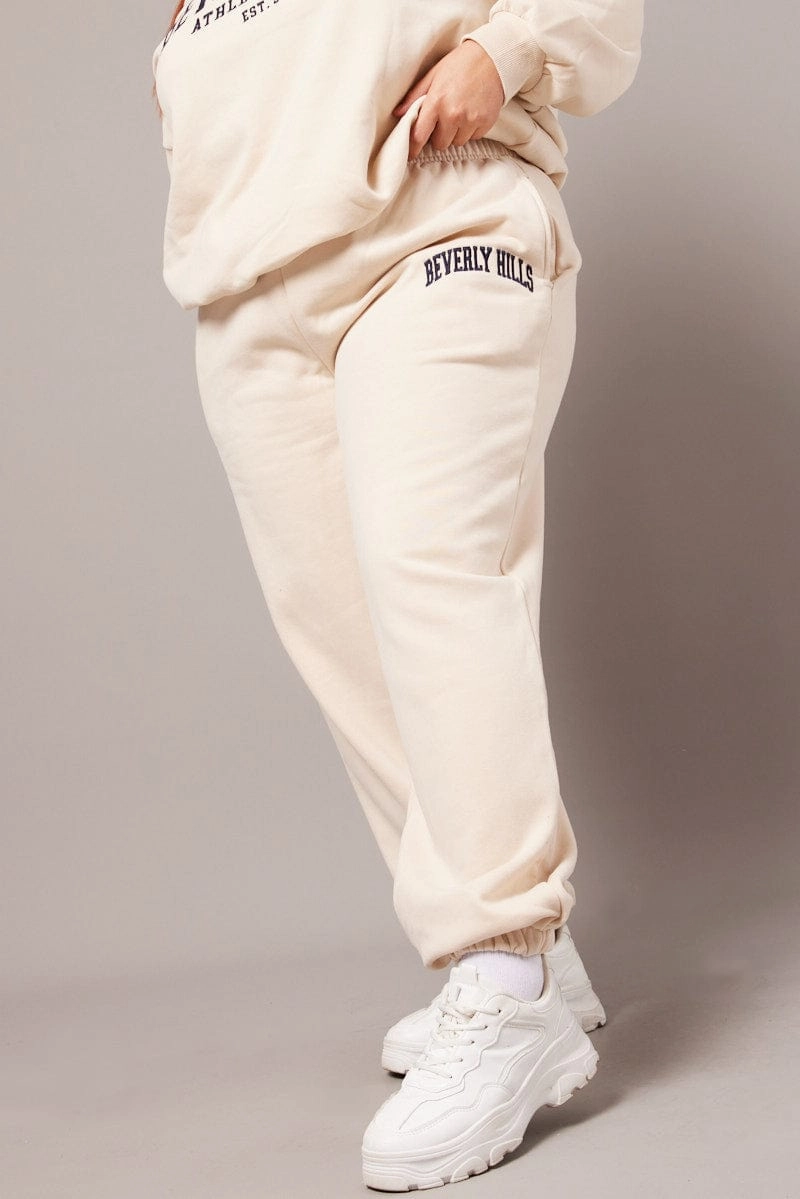 Smooth Fit Lining Slim Comfort Beige Track Pants High Rise