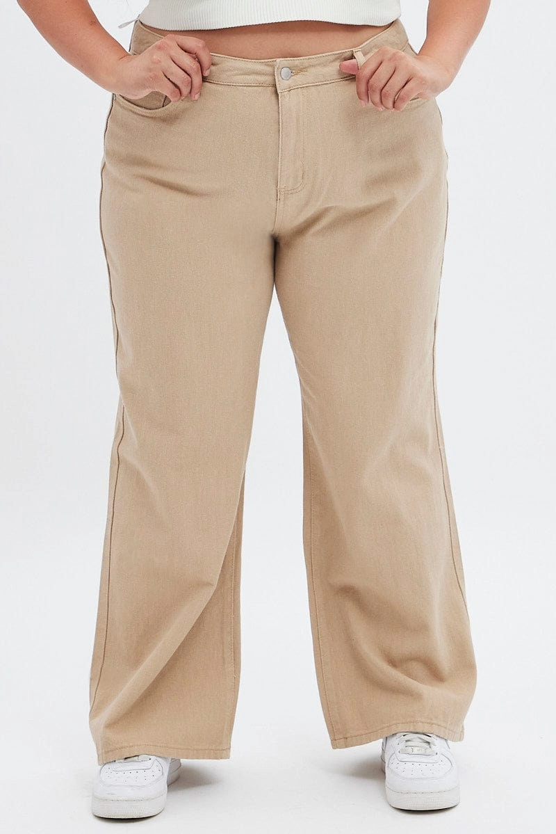 Beige Wide Leg Denim Jeans High Rise Timeless Appeal