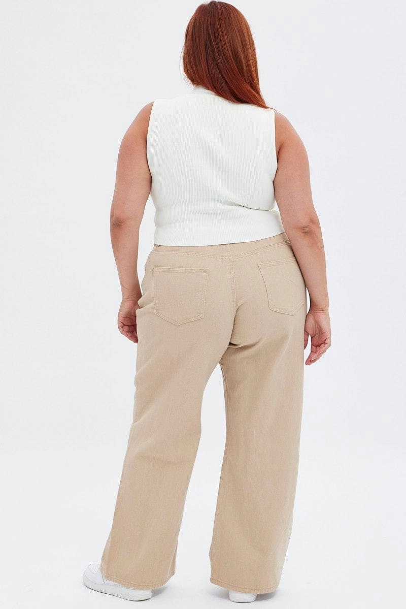 Beige Wide Leg Denim Jeans High Rise Wrinkle Free Fabric Treatment Easy Pair