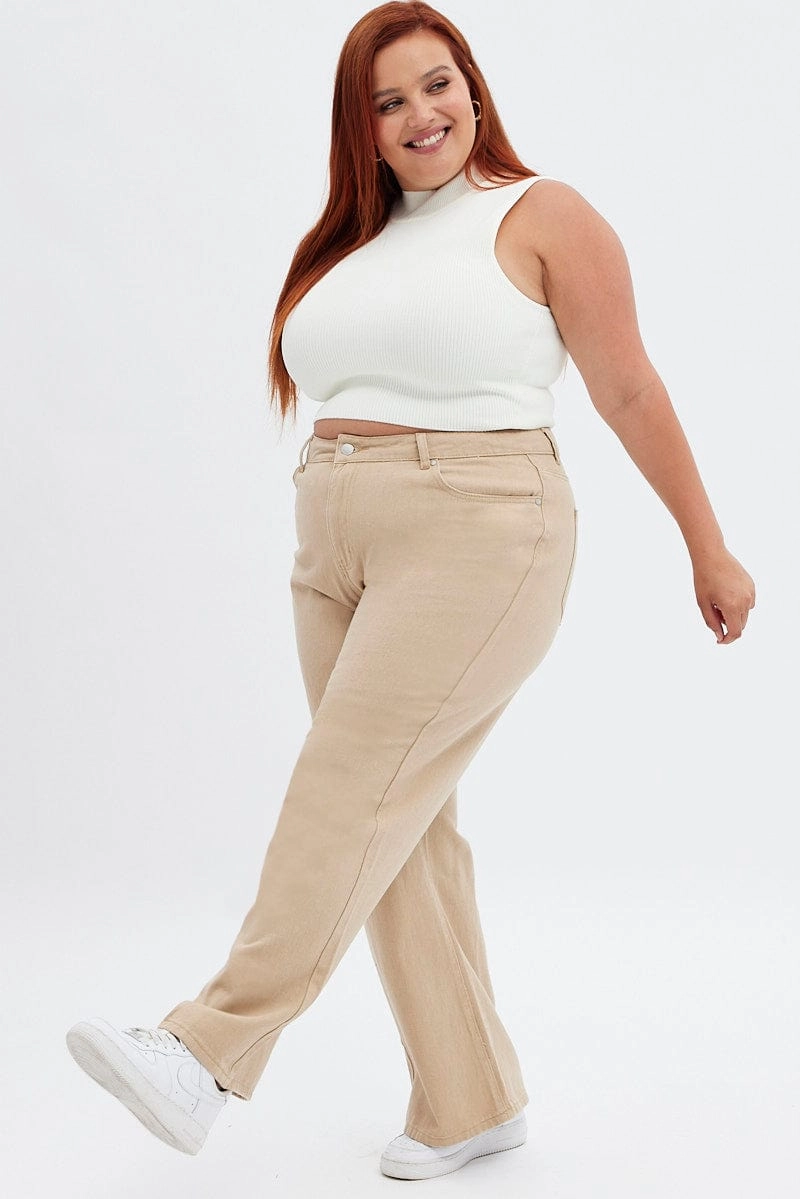 Active Touch Fray Resistant Hem Beige Wide Leg Denim Jeans High Rise