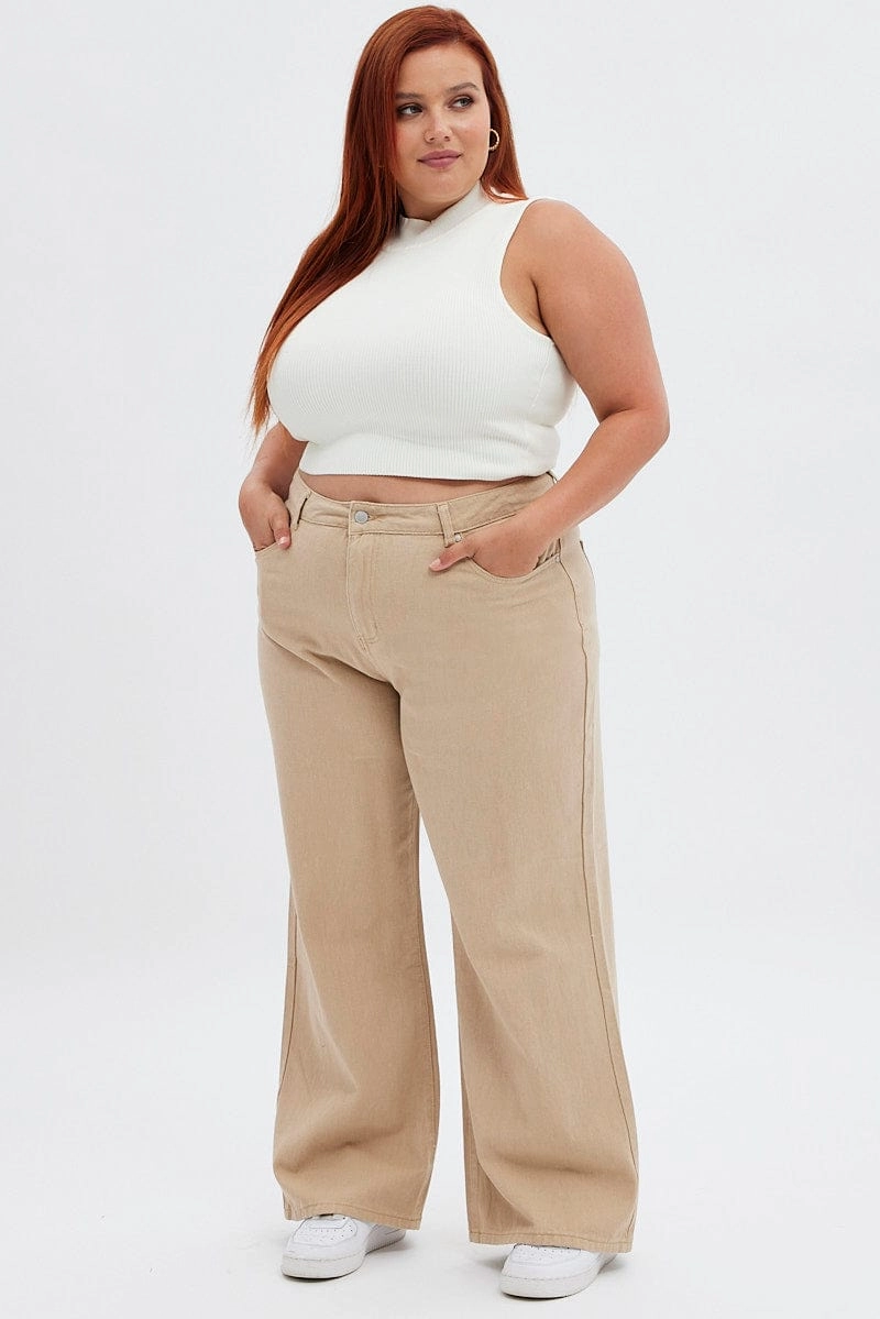 Cool Fit Relaxed Waist Beige Wide Leg Denim Jeans High Rise
