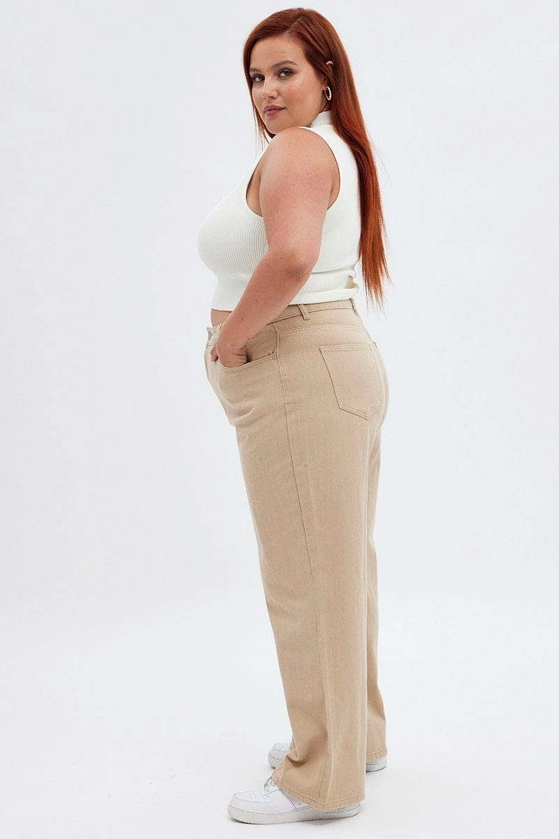 Lifestyle Piece Active Ready Beige Wide Leg Denim Jeans High Rise