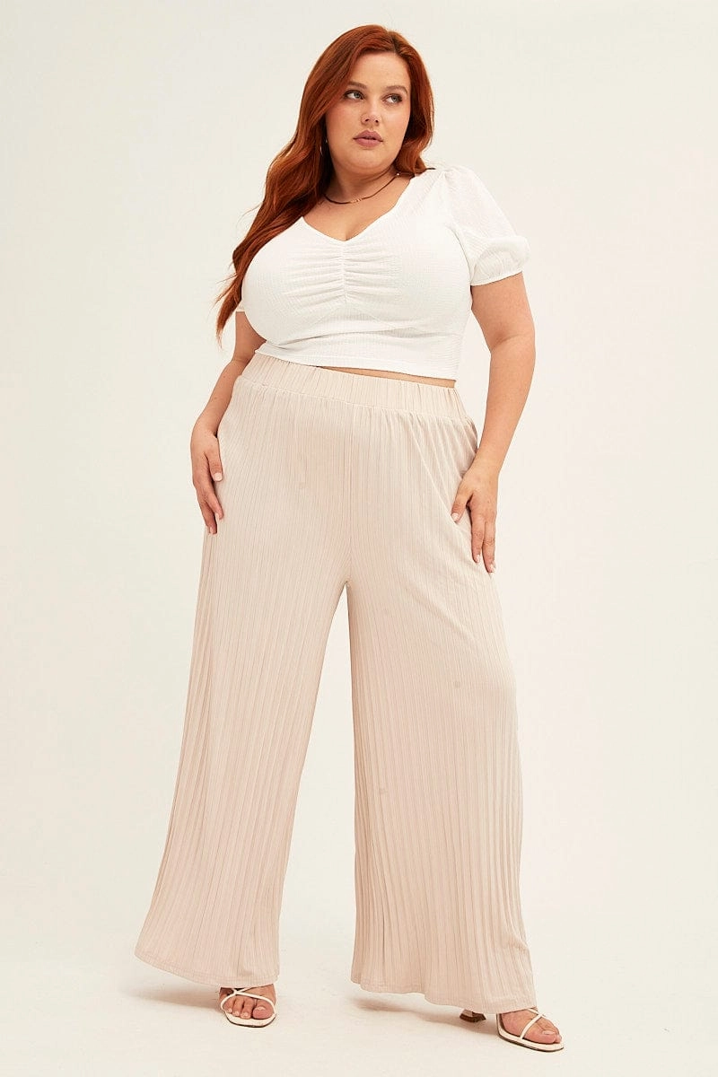 Beige Wide Leg Pants High Rise Cozy Casual