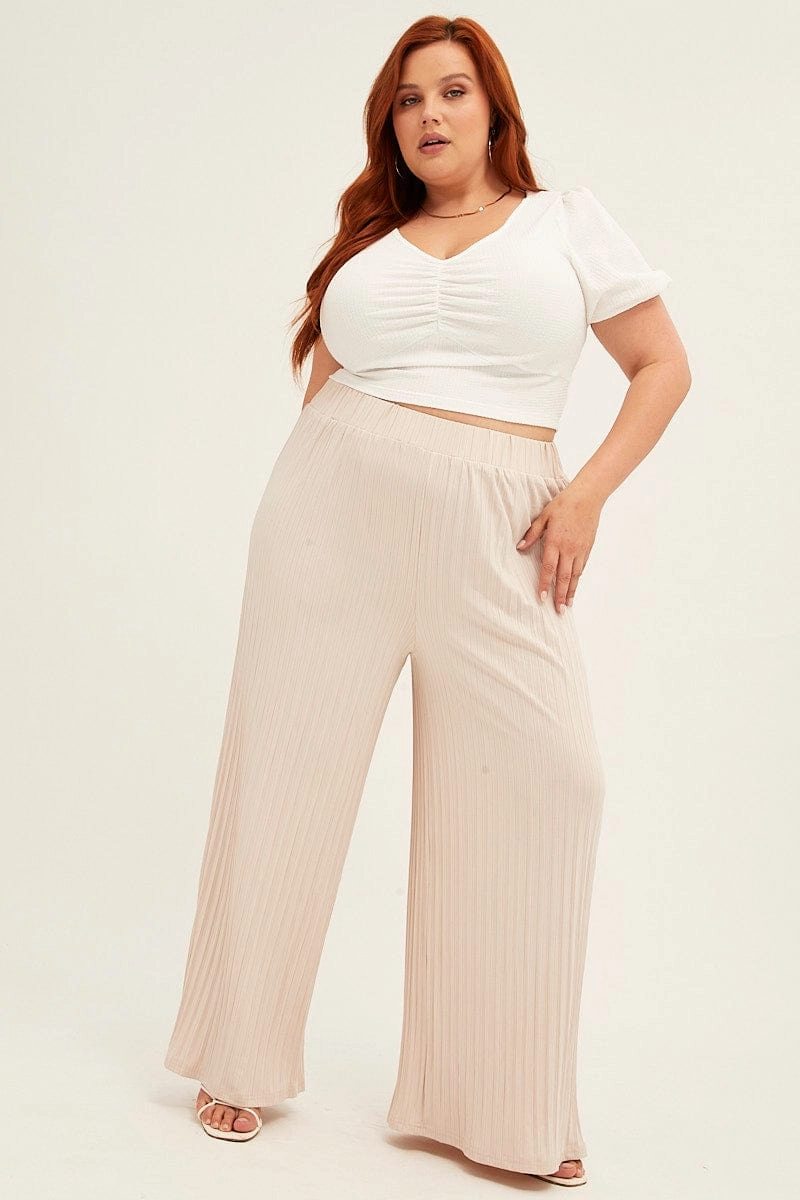Beige Wide Leg Pants High Rise Minimalist Waist Multi Pocket System